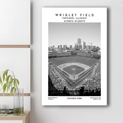 Wrigley Field Stadium Black And White, Chicago Cubs Baseball Stadium Wall Art, Canvas Prints Wall Art, Man Cave Decor