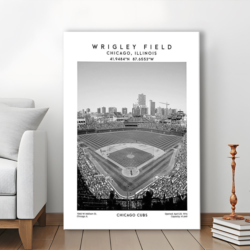 Wrigley Field Stadium Black And White, Chicago Cubs Baseball Stadium Wall Art, Canvas Prints Wall Art, Man Cave Decor