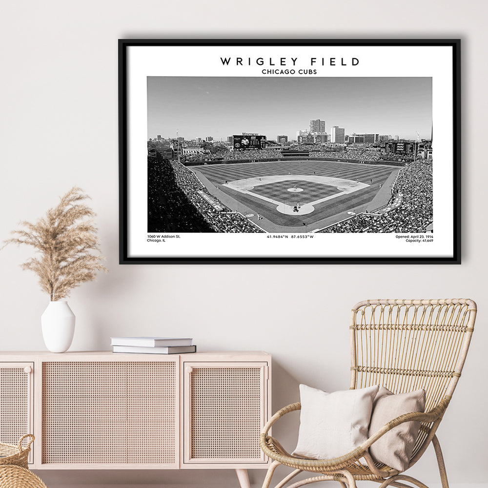 Wrigley Field Stadium Black And White, Chicago Cubs Baseball Stadium Wall Art Print, Framed Canvas Print Wall Art