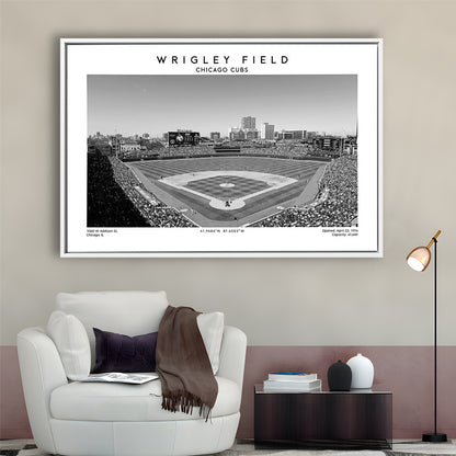 Wrigley Field Stadium Black And White, Chicago Cubs Baseball Stadium Wall Art Print, Framed Canvas Print Wall Art