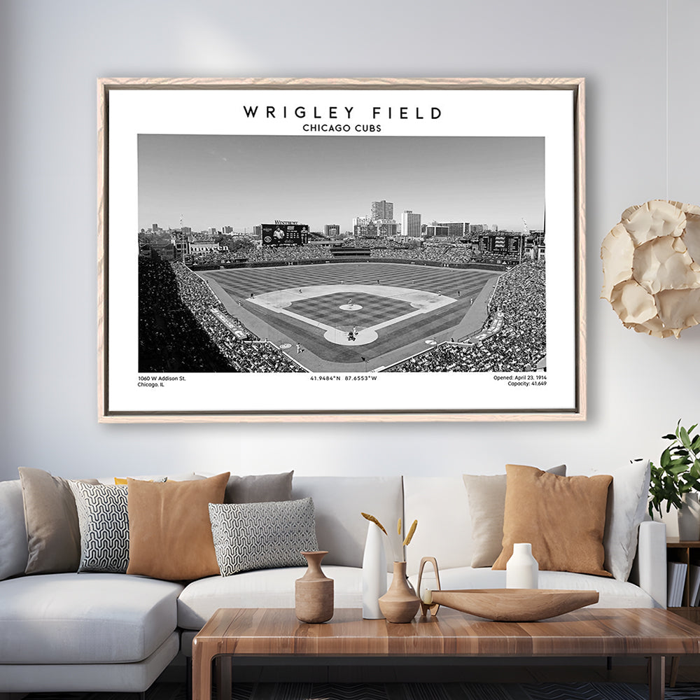 Wrigley Field Stadium Black And White, Chicago Cubs Baseball Stadium Wall Art Print, Framed Canvas Print Wall Art