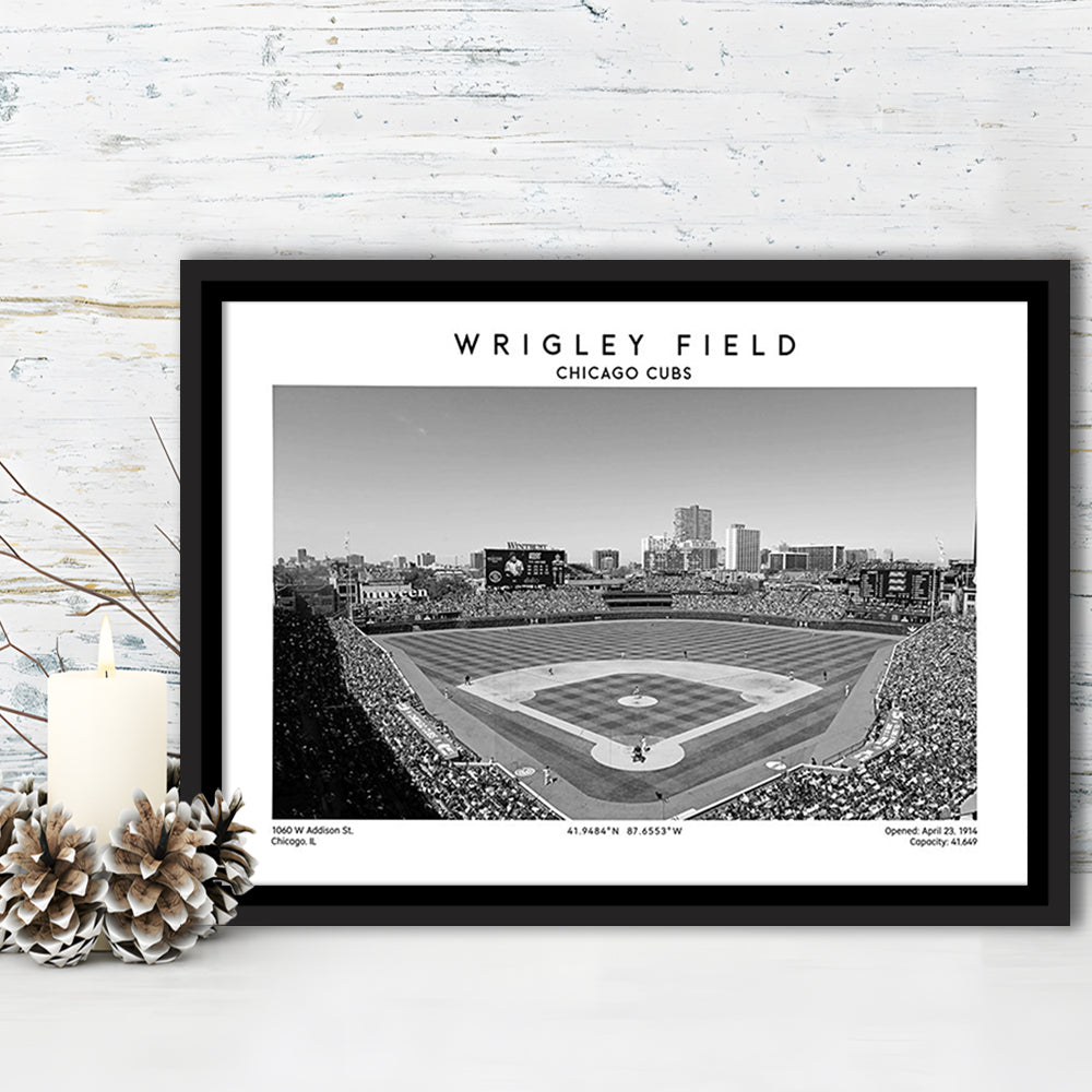 Wrigley Field Stadium Black And White, Chicago Cubs Baseball Stadium Wall Art Print, Framed Canvas Print Wall Art