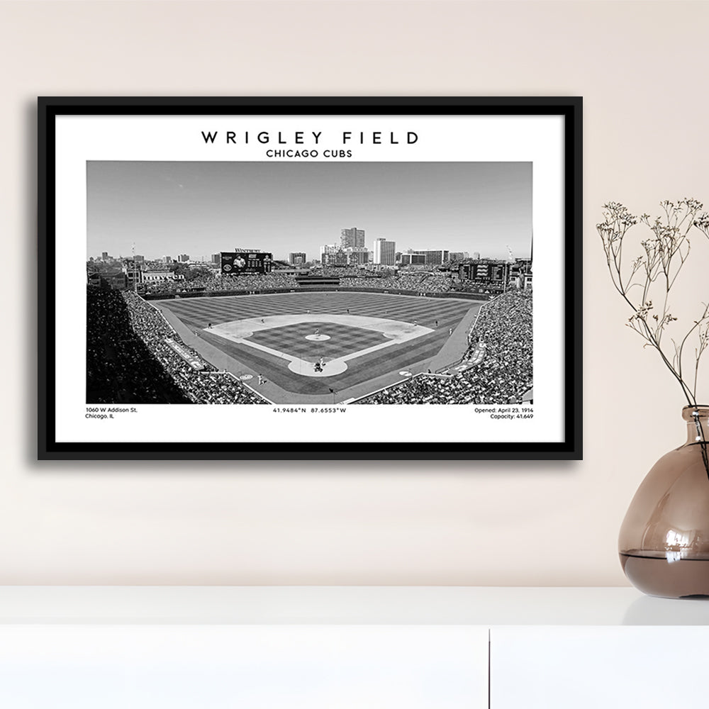 Wrigley Field Stadium Black And White, Chicago Cubs Baseball Stadium Wall Art Print, Framed Canvas Print Wall Art