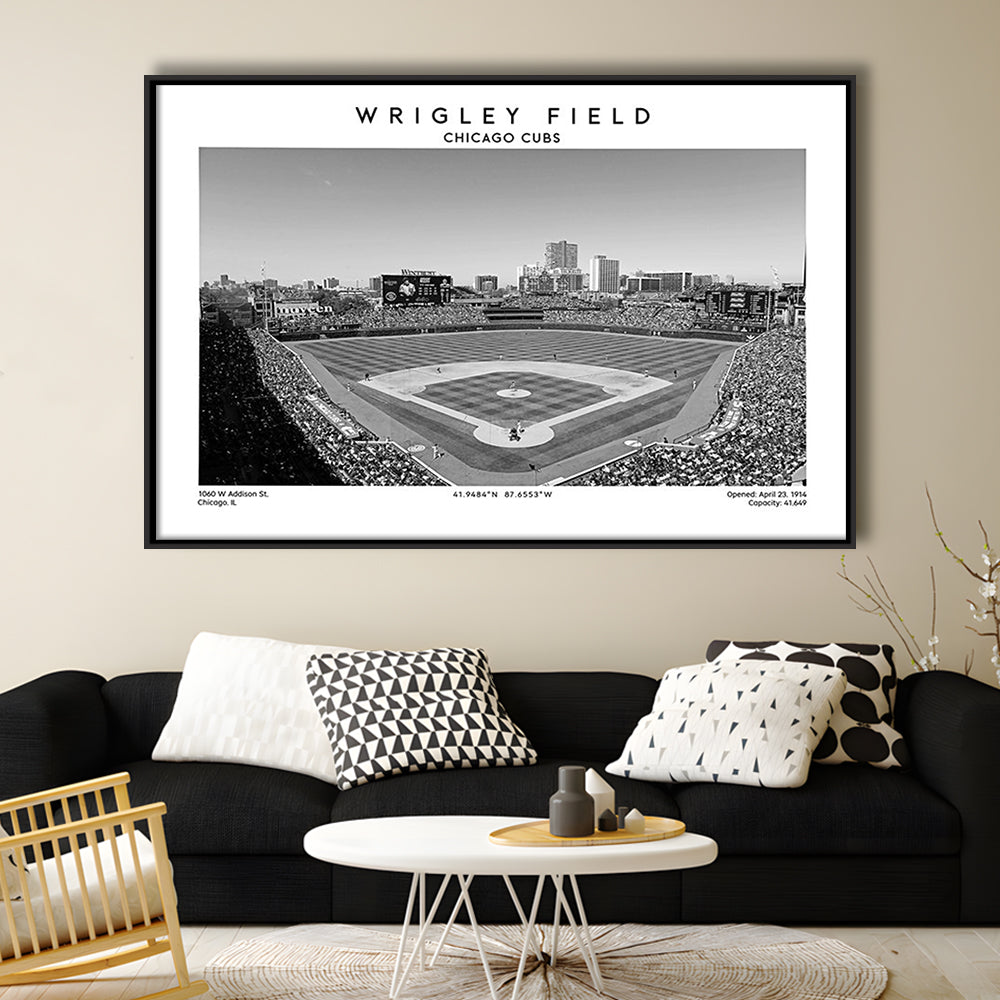 Wrigley Field Stadium Black And White, Chicago Cubs Baseball Stadium Wall Art Print, Framed Canvas Print Wall Art