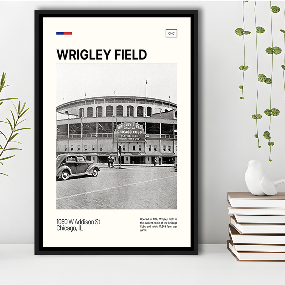 Wrigley Field Black and White Print, Chicago Cubs Stadium Canvas Art, Man Cave Gift, Floating Framed Canvas Print Wall Art
