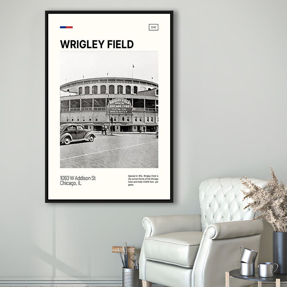 Wrigley Field Black and White Print, Chicago Cubs Stadium Canvas Art, Man Cave Gift, Floating Framed Canvas Print Wall Art