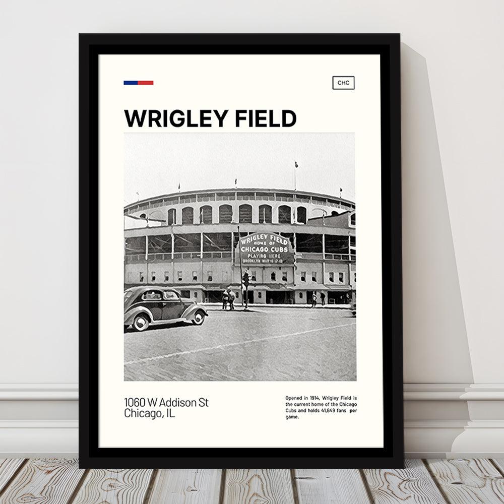 Wrigley Field Black and White Print, Chicago Cubs Stadium Canvas Art, Man Cave Gift, Floating Framed Canvas Print Wall Art