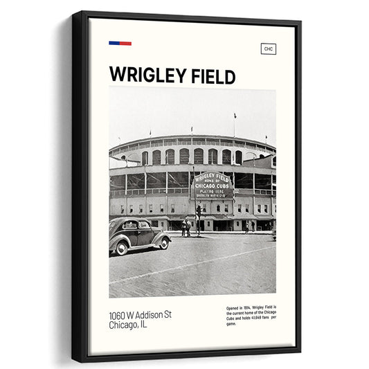 Wrigley Field Black and White Print, Chicago Cubs Stadium Canvas Art, Man Cave Gift, Floating Framed Canvas Print Wall Art