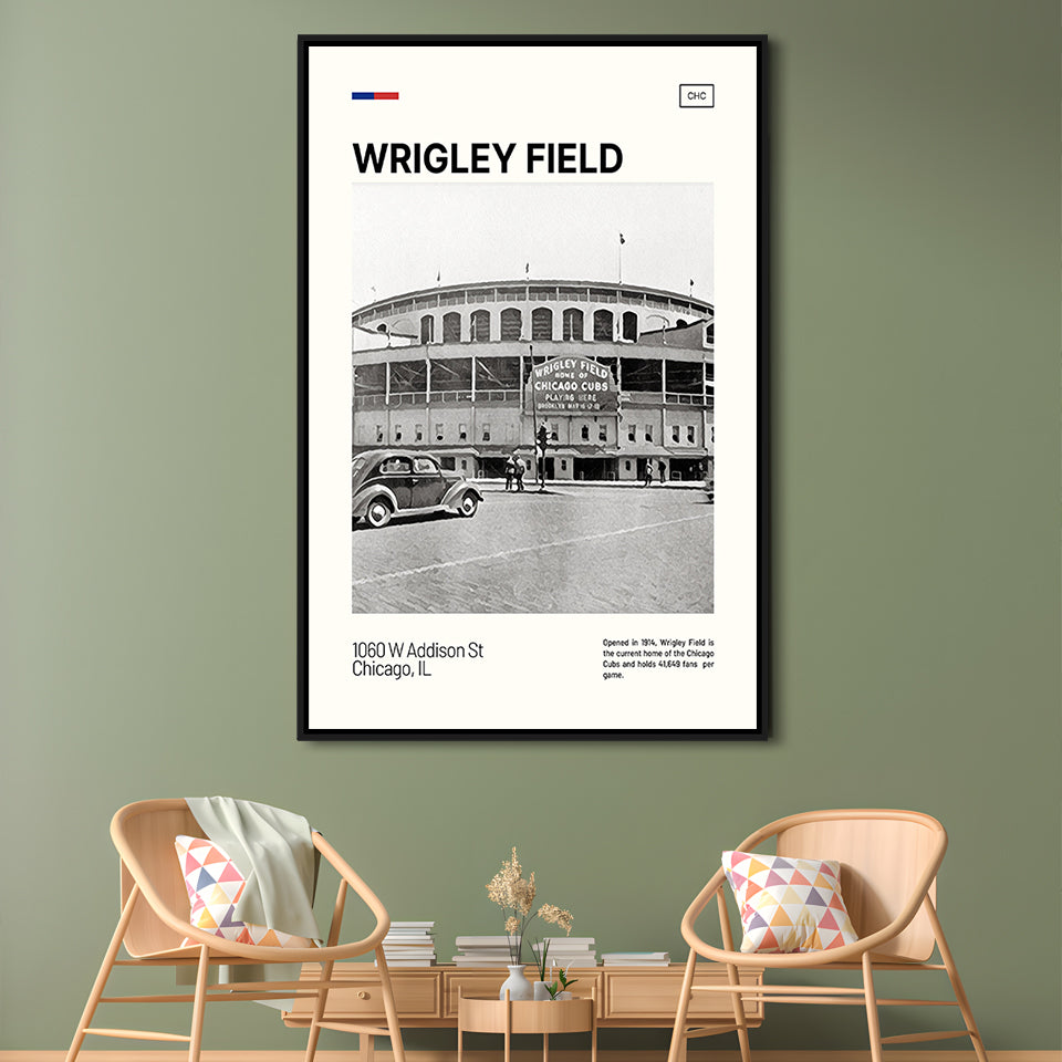 Wrigley Field Black and White Print, Chicago Cubs Stadium Canvas Art, Man Cave Gift, Floating Framed Canvas Print Wall Art