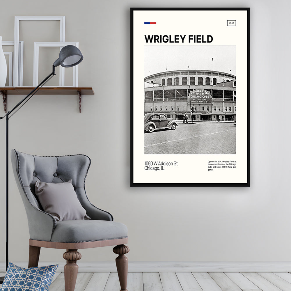 Wrigley Field Black and White Print, Chicago Cubs Stadium Canvas Art, Man Cave Gift, Floating Framed Canvas Print Wall Art