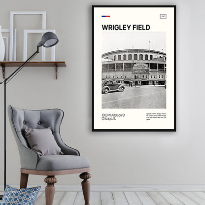 Wrigley Field Black and White Print, Chicago Cubs Stadium Canvas Art, Man Cave Gift, Floating Framed Canvas Print Wall Art