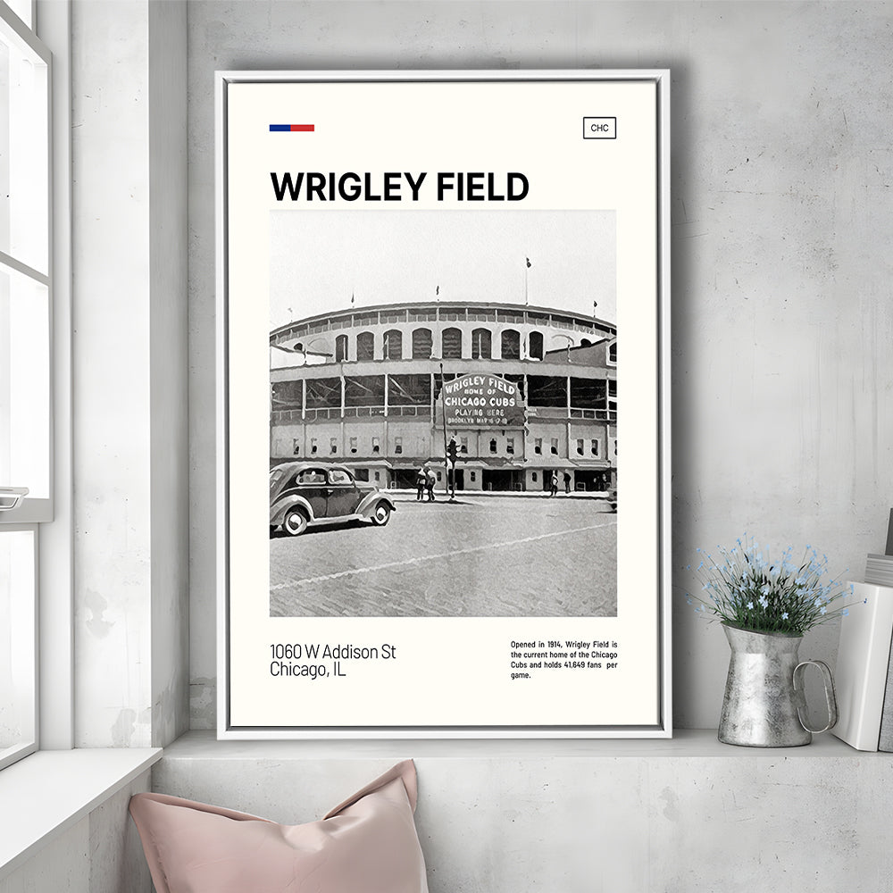 Wrigley Field Black and White Print, Chicago Cubs Stadium Canvas Art, Man Cave Gift, Floating Framed Canvas Print Wall Art