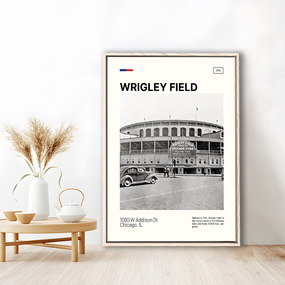 Wrigley Field Black and White Print, Chicago Cubs Stadium Canvas Art, Man Cave Gift, Floating Framed Canvas Print Wall Art