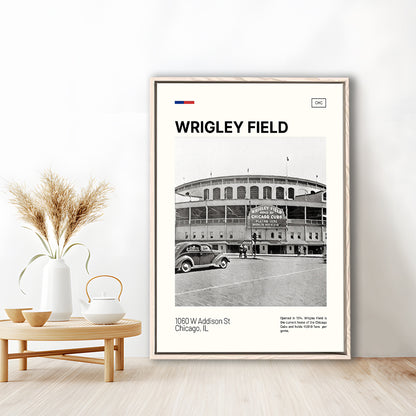 Wrigley Field Black and White Print, Chicago Cubs Stadium Canvas Art, Man Cave Gift, Floating Framed Canvas Print Wall Art