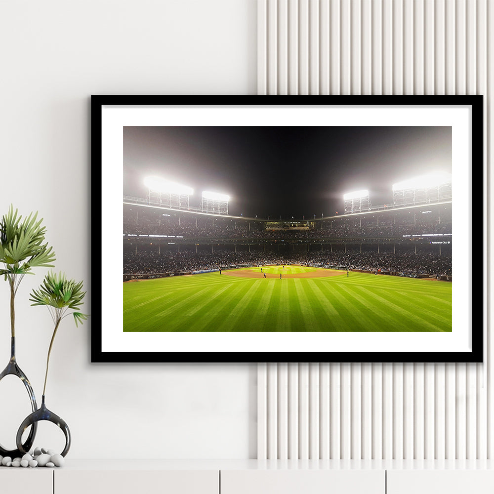 Wringley Field at Night, Stadium Canvas, Sport Art, Gift for him, White Border Framed Art Print Wall Decor