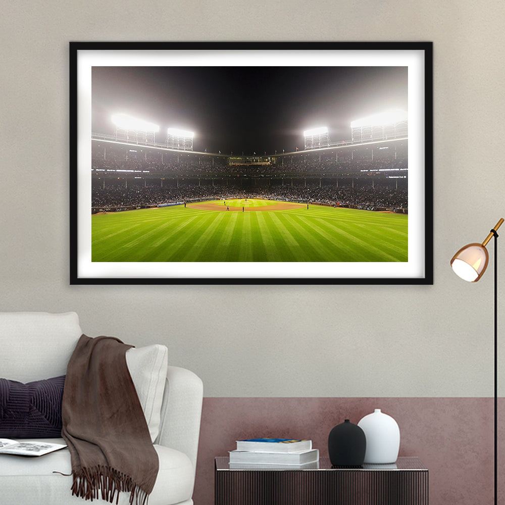Wringley Field at Night, Stadium Canvas, Sport Art, Gift for him, White Border Framed Art Print Wall Decor