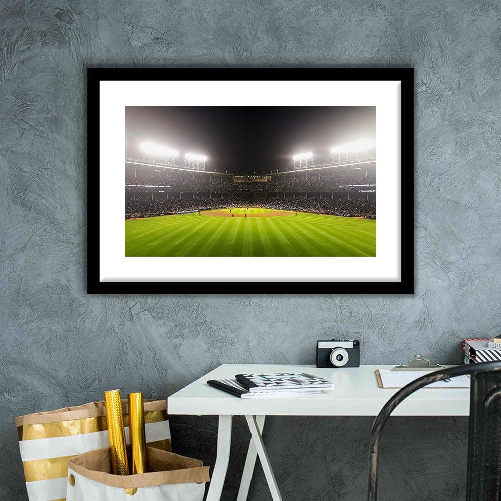 Wringley Field at Night, Stadium Canvas, Sport Art, Gift for him, White Border Framed Art Print Wall Decor