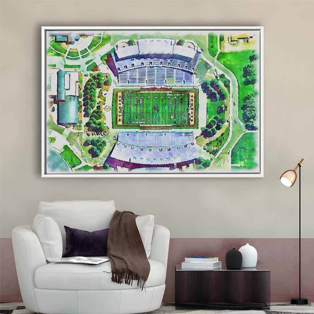 Wyoming Cowboys, Jonah Field at War Memorial Stadium Watercolor, Sport Gift Art, Framed Canvas Print Wall Art