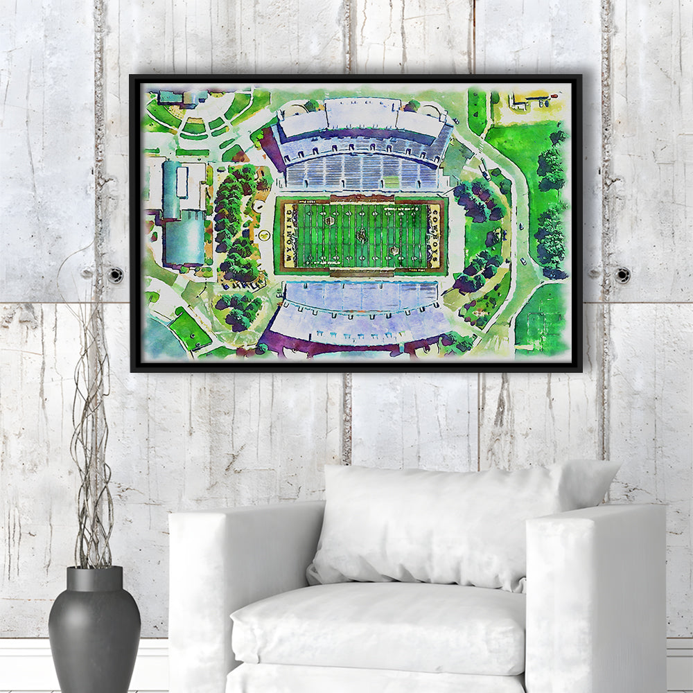 Wyoming Cowboys, Jonah Field at War Memorial Stadium Watercolor, Sport Gift Art, Framed Canvas Print Wall Art