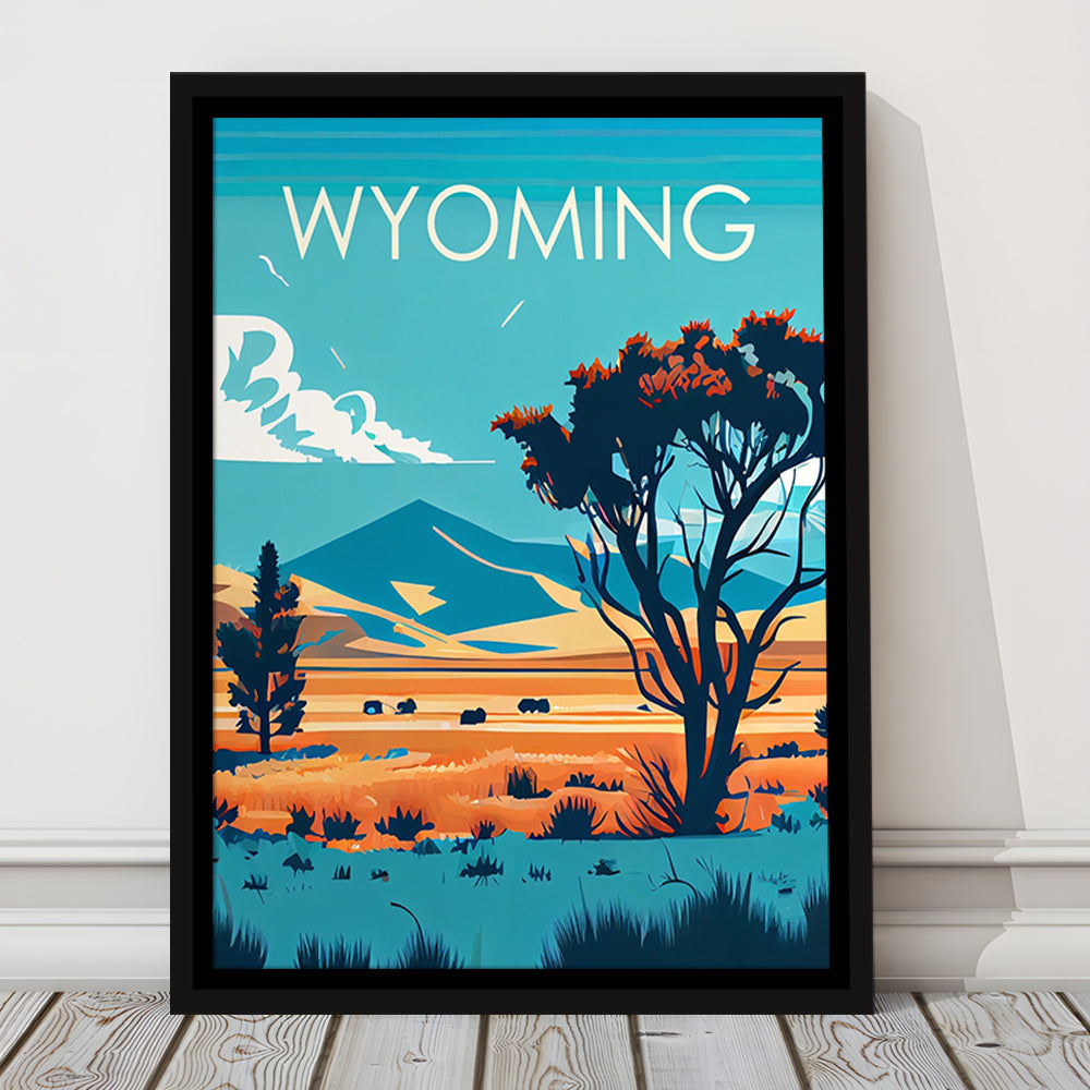 Wyoming Retro Art Print, Wyoming City Wall Art, Floating Framed Canvas Print, Framed Picture, Painting Canvas