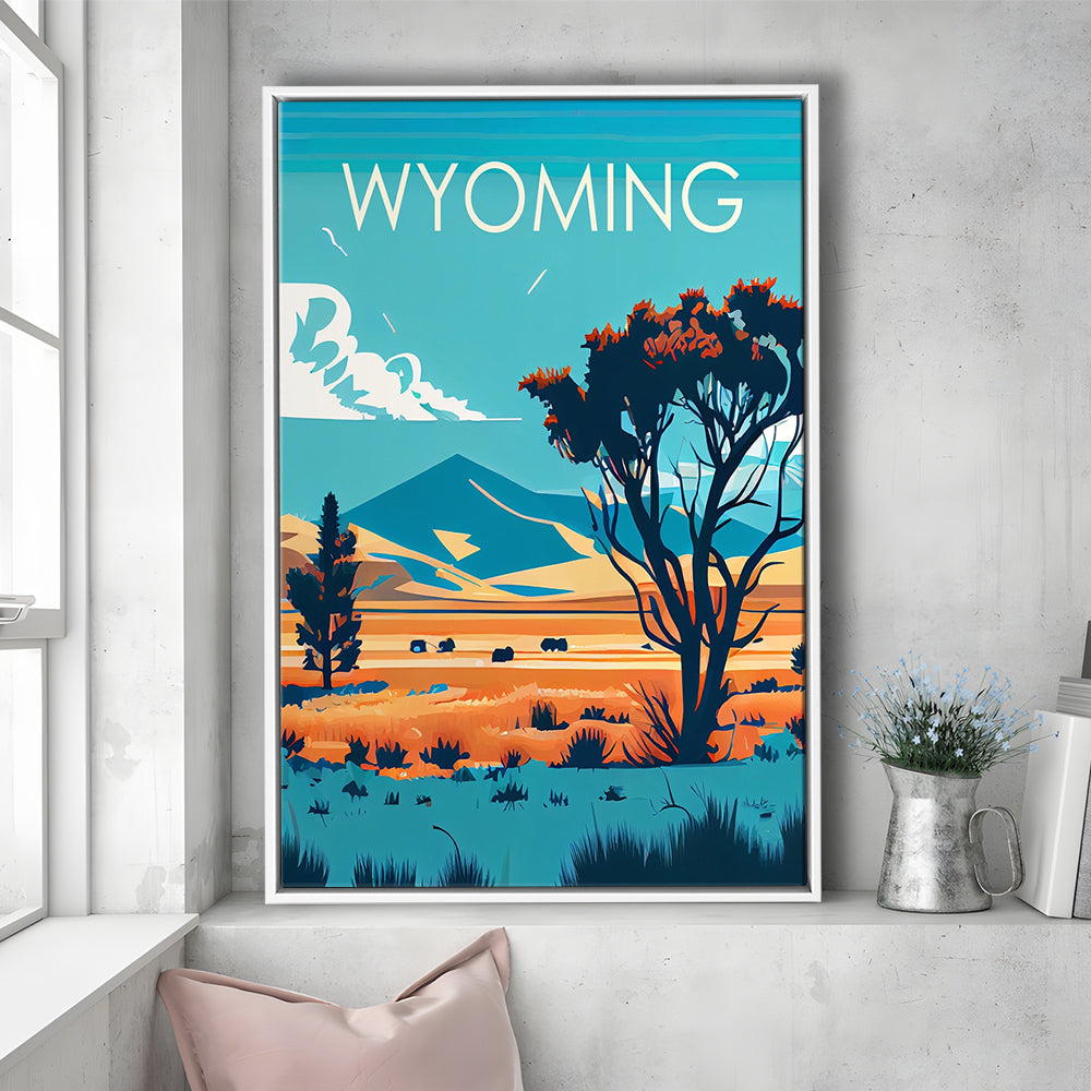 Wyoming Retro Art Print, Wyoming City Wall Art, Floating Framed Canvas Print, Framed Picture, Painting Canvas