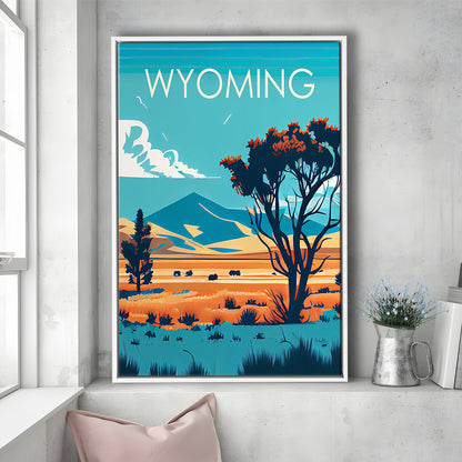Wyoming Retro Art Print, Wyoming City Wall Art, Floating Framed Canvas Print, Framed Picture, Painting Canvas