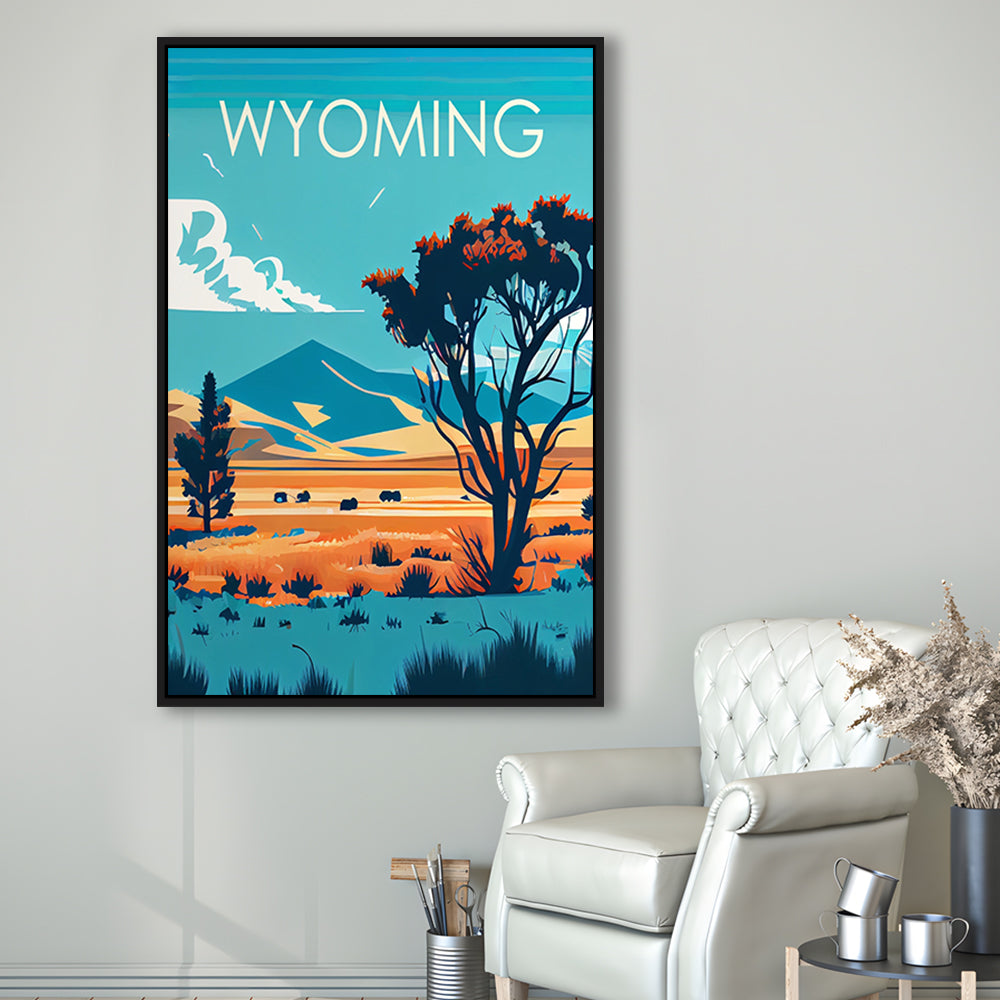 Wyoming Retro Art Print, Wyoming City Wall Art, Floating Framed Canvas Print, Framed Picture, Painting Canvas