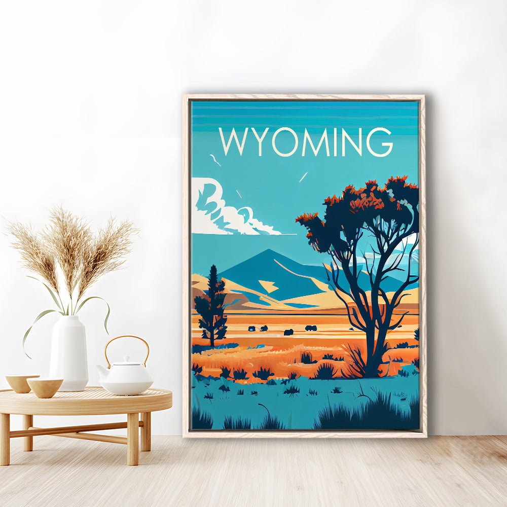 Wyoming Retro Art Print, Wyoming City Wall Art, Floating Framed Canvas Print, Framed Picture, Painting Canvas