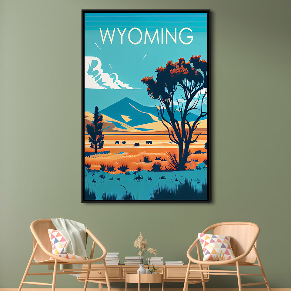 Wyoming Retro Art Print, Wyoming City Wall Art, Floating Framed Canvas Print, Framed Picture, Painting Canvas