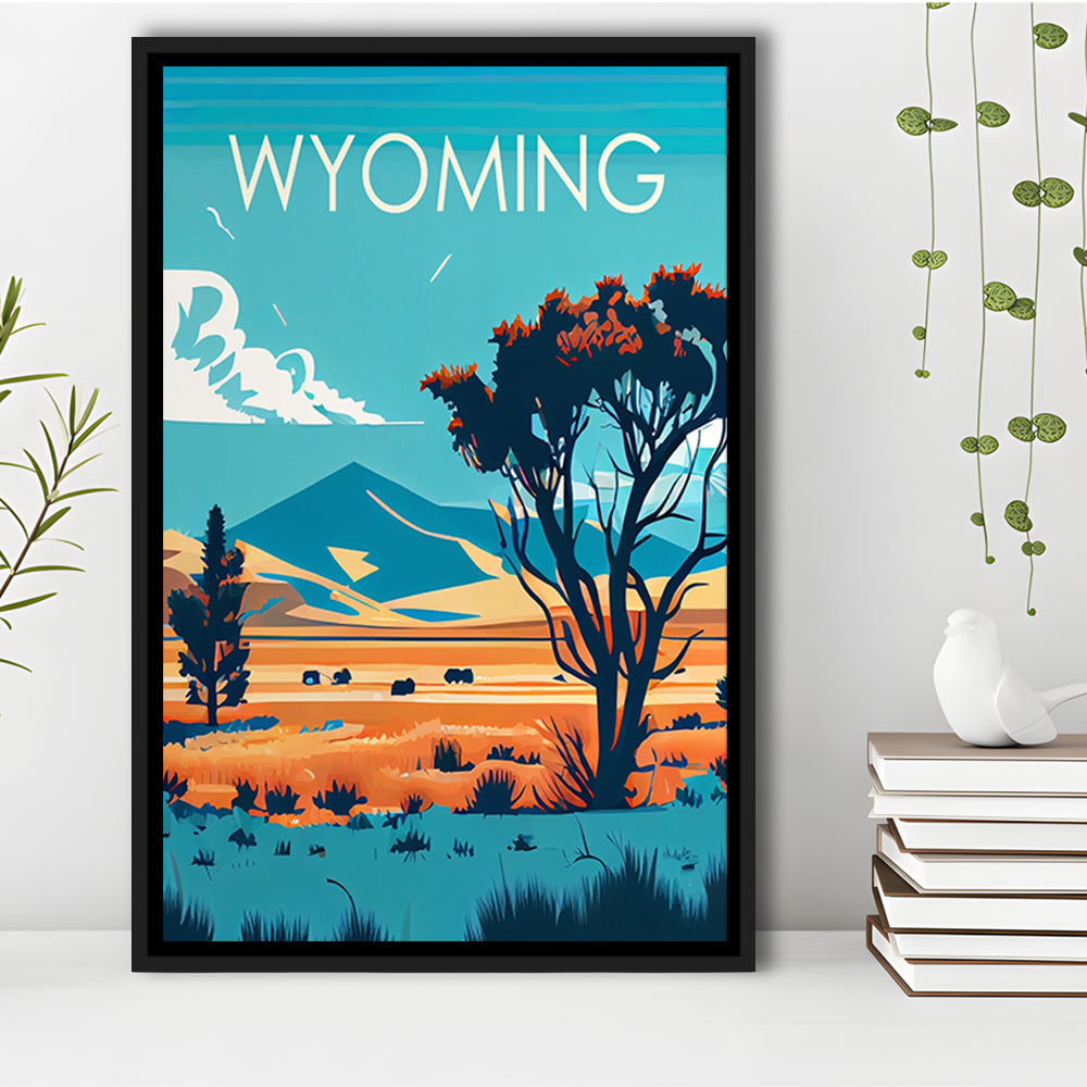 Wyoming Retro Art Print, Wyoming City Wall Art, Floating Framed Canvas Print, Framed Picture, Painting Canvas