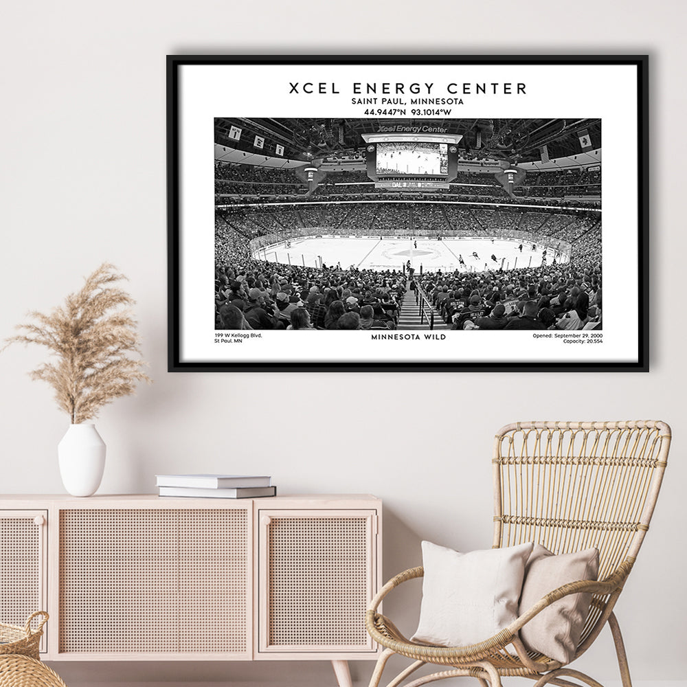 Xcel Energy Center Stadium Black And White, Minnesota Wild Hockey Stadium Wall Art Print, Framed Canvas Print Wall Art