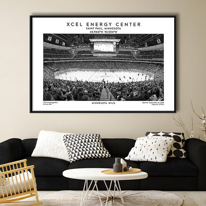 Xcel Energy Center Stadium Black And White, Minnesota Wild Hockey Stadium Wall Art Print, Framed Canvas Print Wall Art