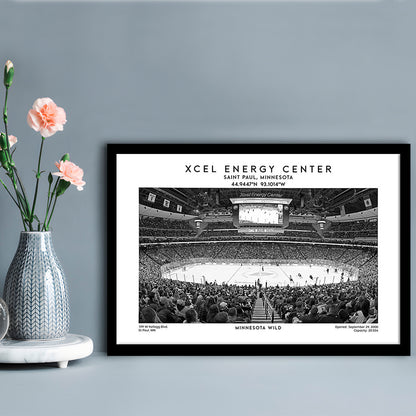 Xcel Energy Center Stadium Black And White, Minnesota Wild Hockey Stadium Wall Art Print, Framed Art Print Wall Decor