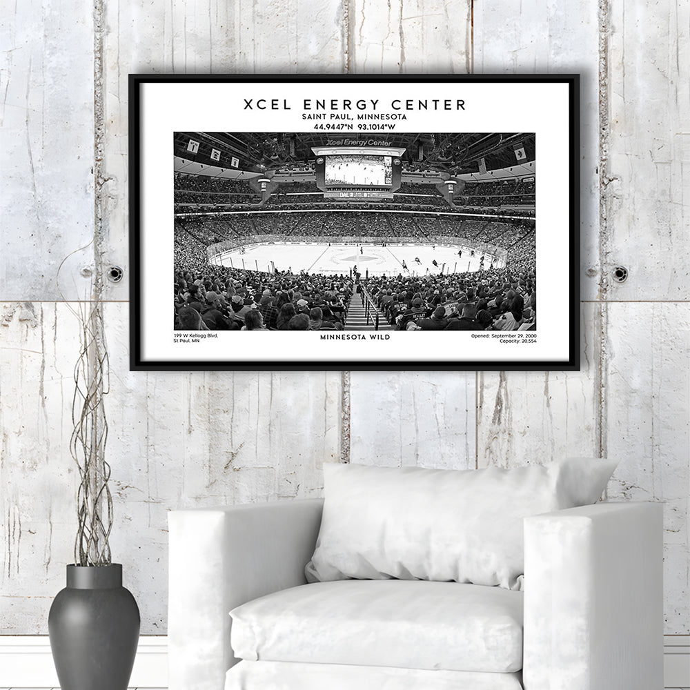 Xcel Energy Center Stadium Black And White, Minnesota Wild Hockey Stadium Wall Art Print, Framed Canvas Print Wall Art