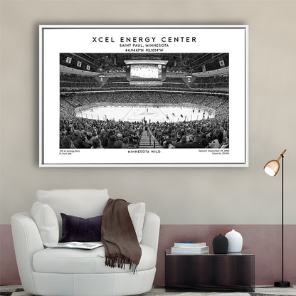 Xcel Energy Center Stadium Black And White, Minnesota Wild Hockey Stadium Wall Art Print, Framed Canvas Print Wall Art