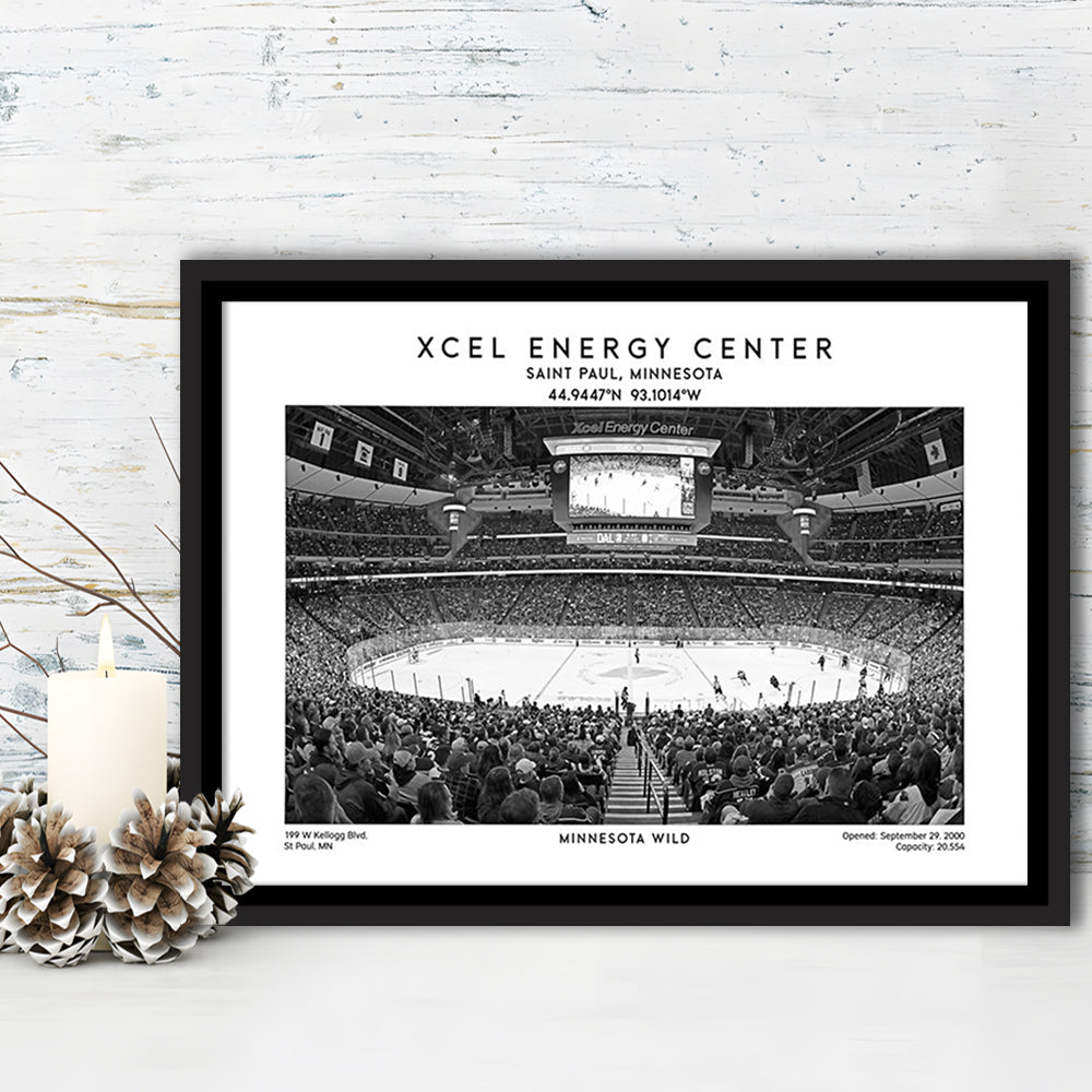 Xcel Energy Center Stadium Black And White, Minnesota Wild Hockey Stadium Wall Art Print, Framed Canvas Print Wall Art