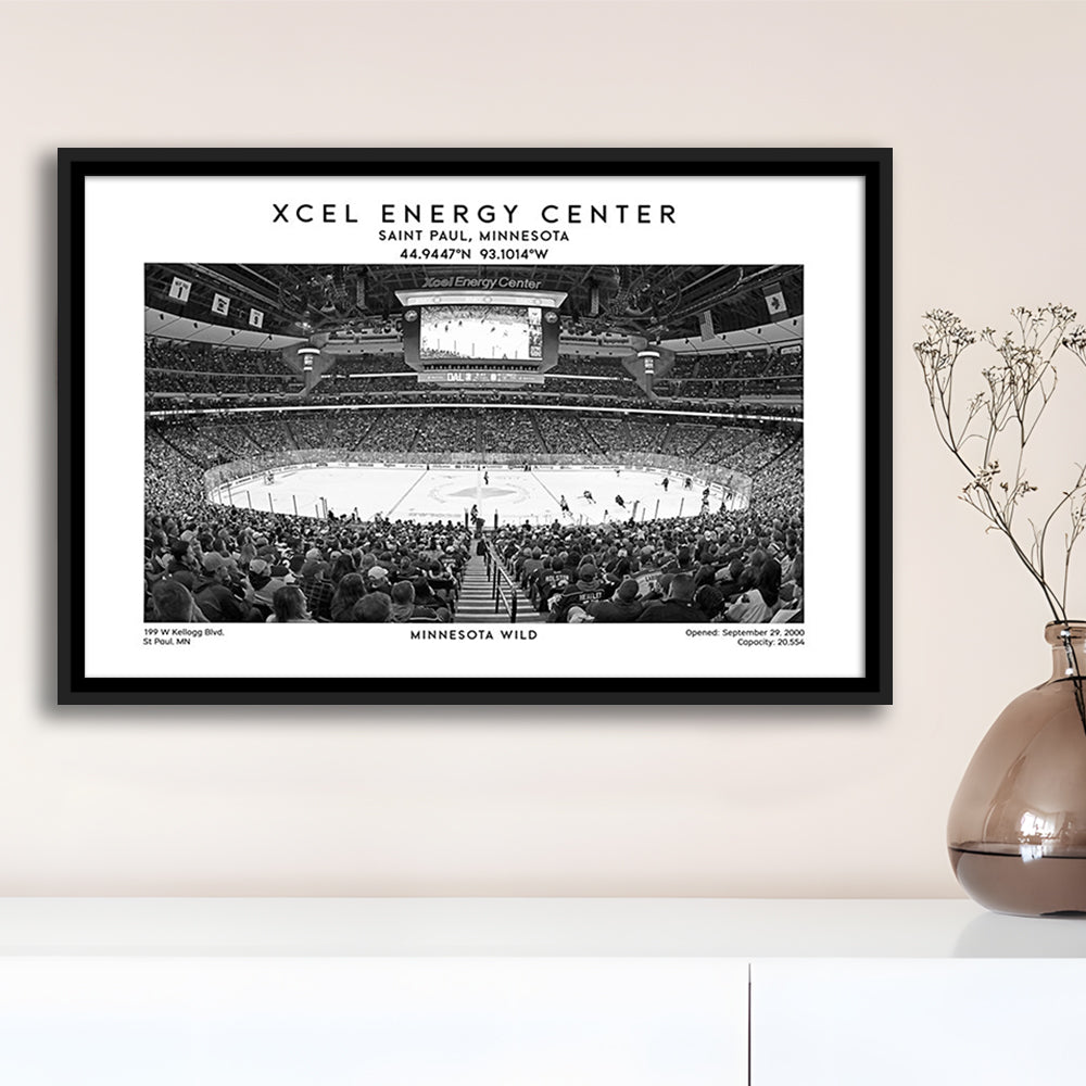 Xcel Energy Center Stadium Black And White, Minnesota Wild Hockey Stadium Wall Art Print, Framed Canvas Print Wall Art