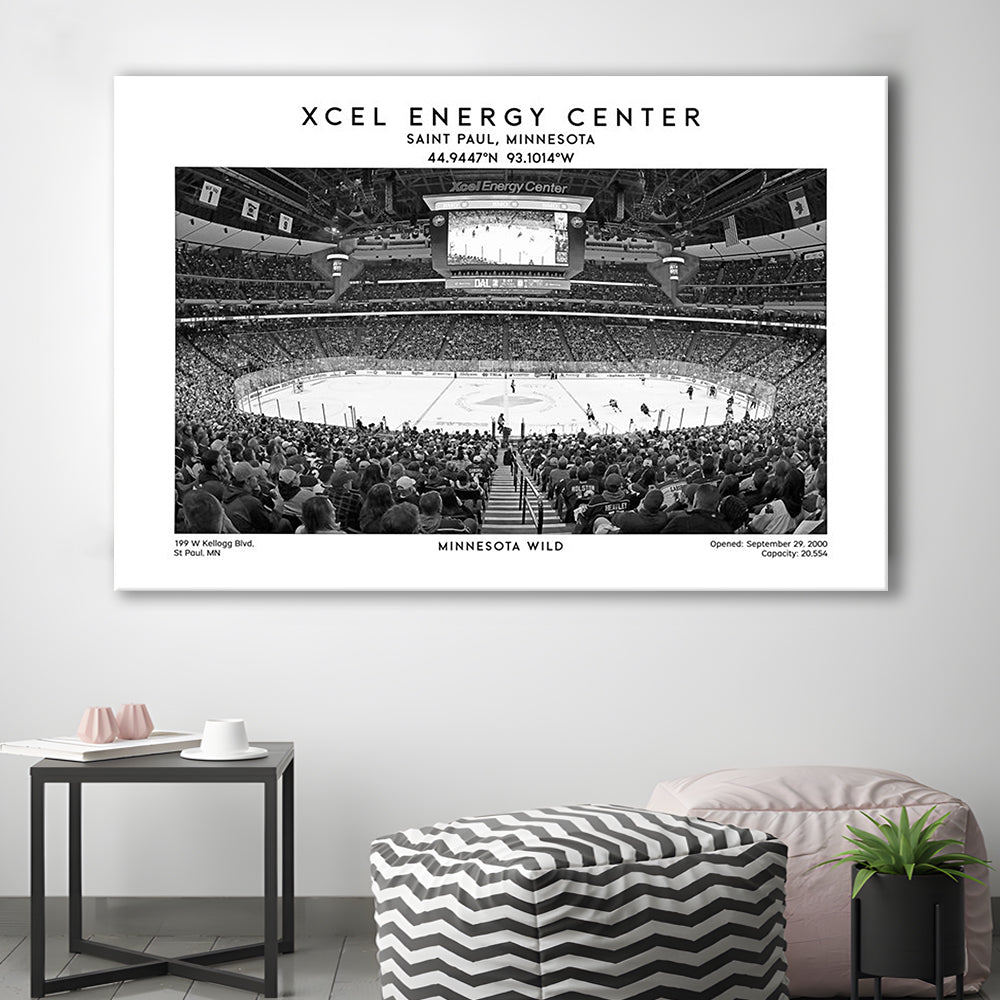 Xcel Energy Center Stadium Black And White, Minnesota Wild Hockey Stadium Wall Art Print, Canvas Print Wall Art, Man Cave Gift