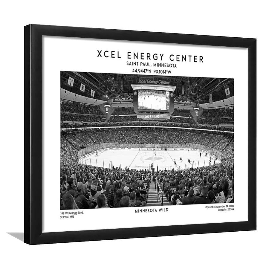Xcel Energy Center Stadium Black And White, Minnesota Wild Hockey Stadium Wall Art Print, Framed Art Print Wall Decor