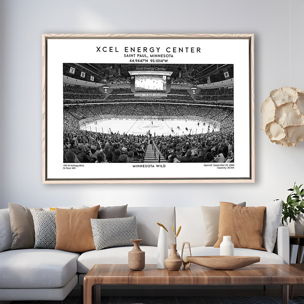 Xcel Energy Center Stadium Black And White, Minnesota Wild Hockey Stadium Wall Art Print, Framed Canvas Print Wall Art