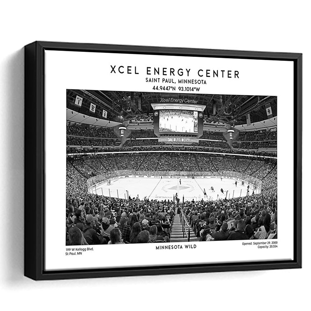 Xcel Energy Center Stadium Black And White, Minnesota Wild Hockey Stadium Wall Art Print, Framed Canvas Print Wall Art