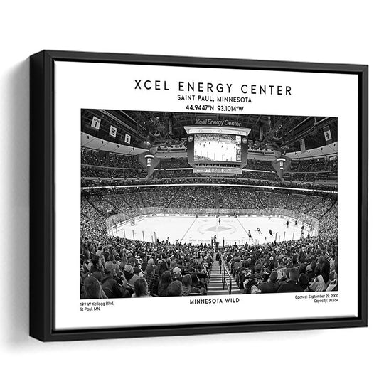 Xcel Energy Center Stadium Black And White, Minnesota Wild Hockey Stadium Wall Art Print, Framed Canvas Print Wall Art