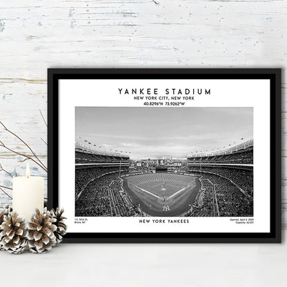 Yankee Stadium Black And White, Yankees Baseball Stadium Wall Art Print, Framed Canvas Print Wall Art