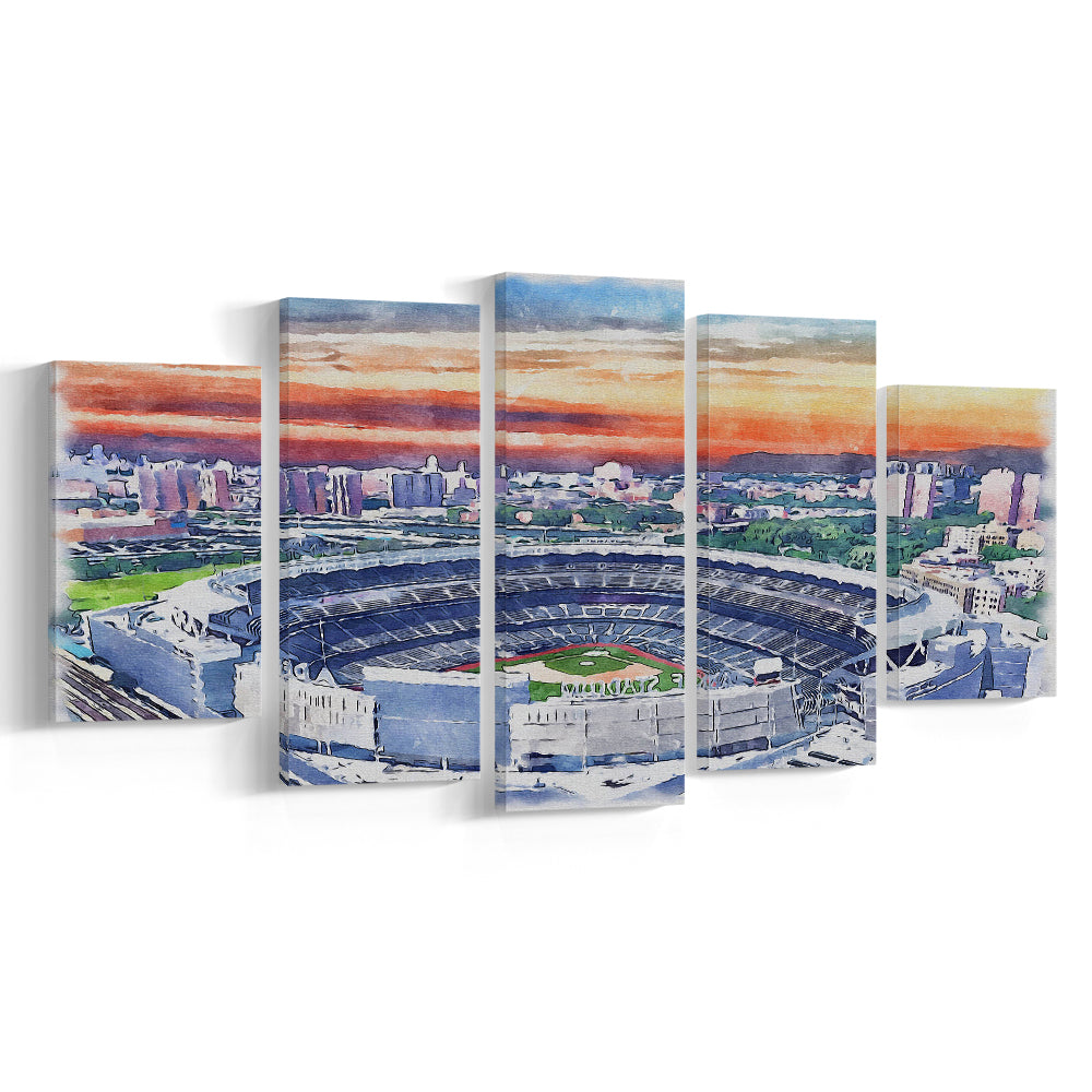Yankees Baseball, Yankee Painting Stadium Watercolor, Sport Art, Mixed 5 Panel, Canvas Print Wall Art