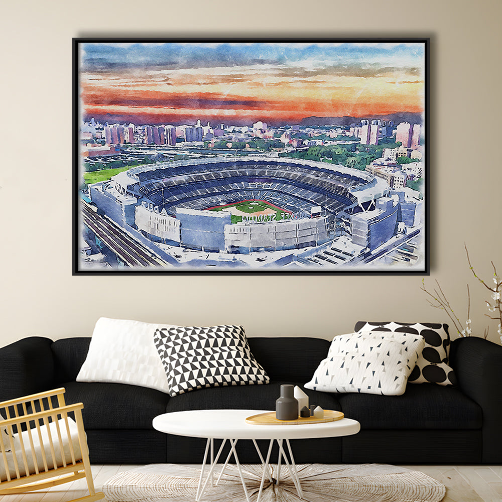Yankees Baseball, Yankee Painting Stadium Watercolor, Sport Gift Art, Framed Canvas Print Wall Art