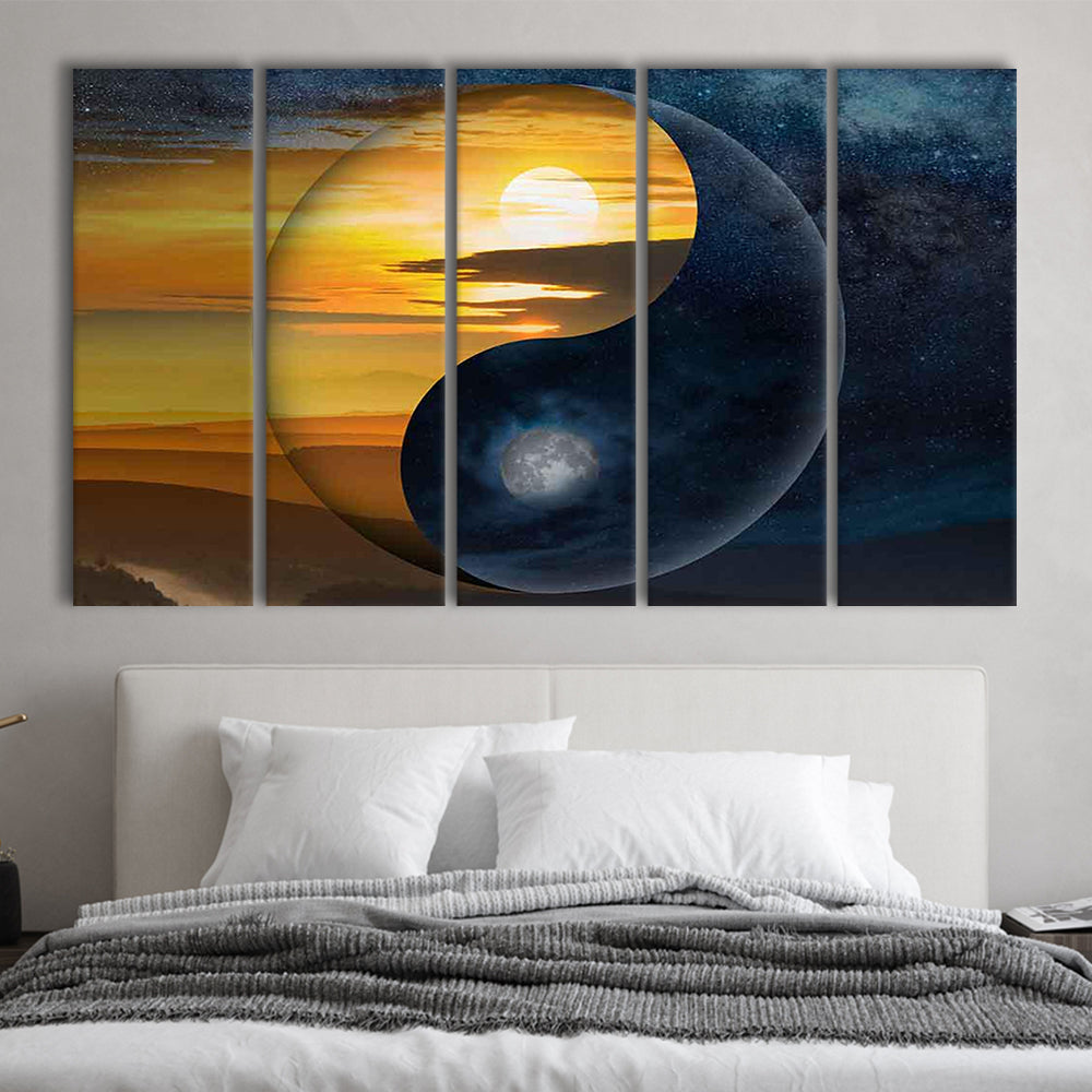 Yin & Yang Canvas Print,Chinese Philosophy Symbol,Light and Shadow Wall Art, 5 Piece B Extra Large Cavas Print Wall Art