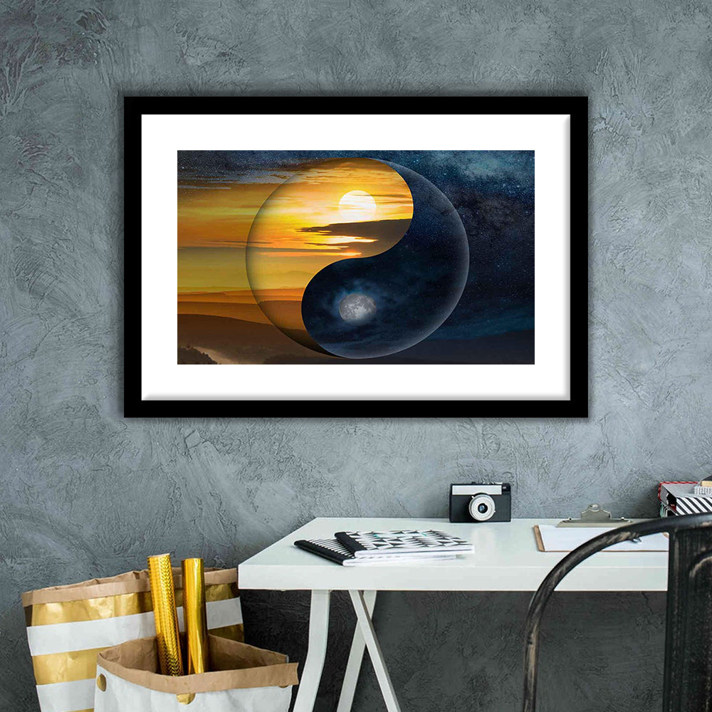 Yin & Yang Art Print,Chinese Philosophy Symbol,Light And Shadow Wall Art, Framed Art Print White Border