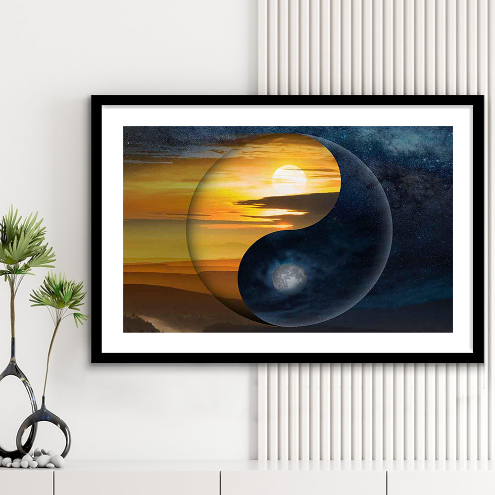Yin & Yang Art Print,Chinese Philosophy Symbol,Light And Shadow Wall Art, Framed Art Print White Border
