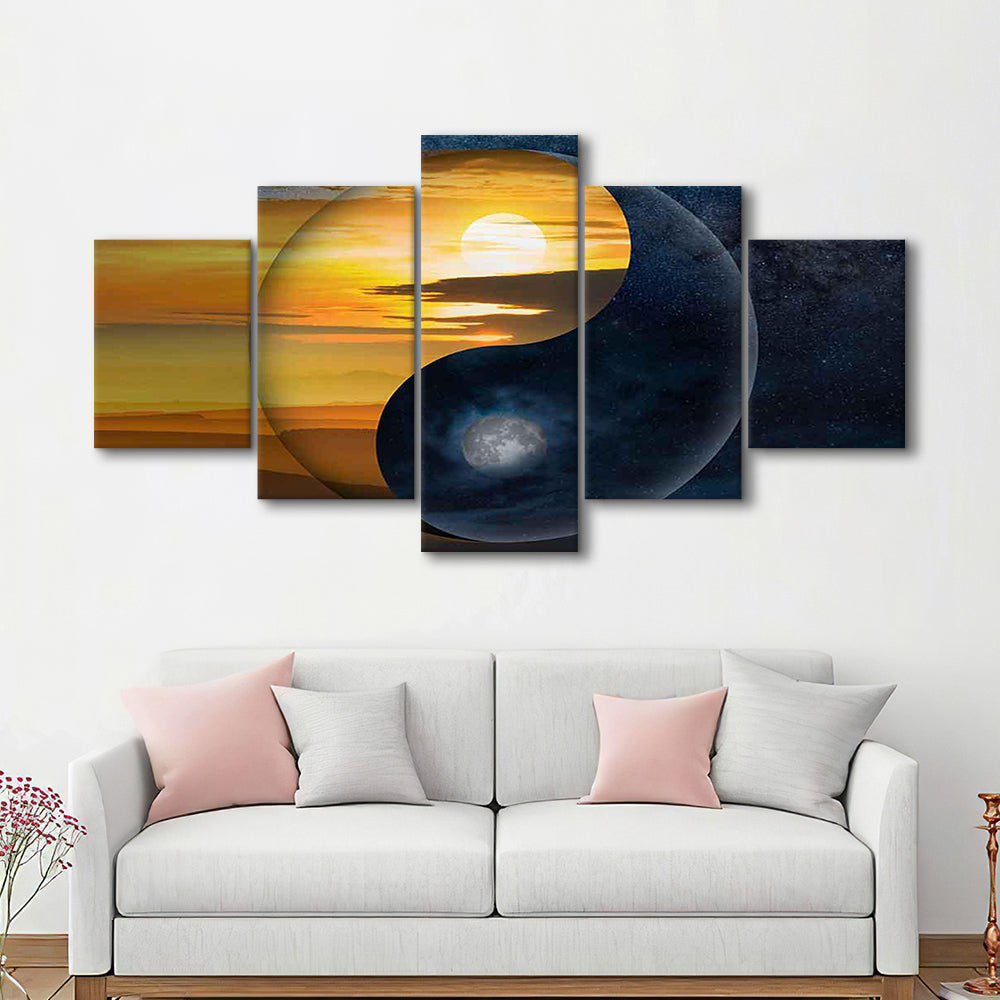 Yin & Yang Canvas Print,Chinese Philosophy Symbol,Light and Shadow Wall Art, 5 Piece Large Cavas Print Wall Art