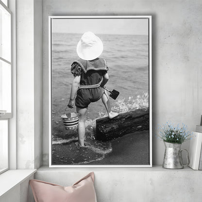 Young Girl at the Beach Black and White Art Coastal Wall Art, Floating Framed Canvas Print
